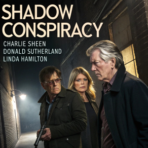 Film poster: Shadow Conspiracy. Starring Charlie Sheen, Donald Sutherland, and Linda Hamilton. Dark alley backdrop, dramatic scene, high quality photo