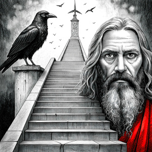 god odin and raven in walhalla stairs runen symbols pattern - perfect realistic art, high-definition, high-definition grey and black, white background 