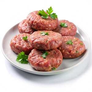котлеты из свежего мясного фарша в тарелке на белом фоне вид сбоку