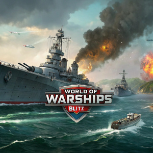 Promotional image for 'World of Warships: Blitz'. A colossal battleship surrounded by intense naval battle. The game logo, bold and metallic, includes a shield emblem. Set against a dramatic, gray-green and fiery background.