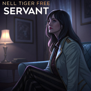 Nell Tiger Free, the actress from 'Servant' season 4, sitting in front of a dimly lit room with the show's title logo visible. She is dressed in a stylish outfit with long dark hair.