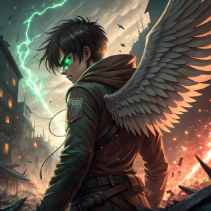 Eren Yeager, from Attack on Titan, with green glowing eye and massive wing-like structure. The background is a chaotic, electrified battlefield scene, digital art