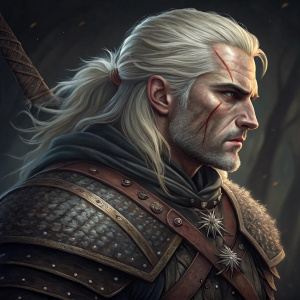 Digital illustration of Geralt of Rivia from The Witcher series. Scars on face, long white hair, determined look. Dark background, focusing on close-up details of his attire