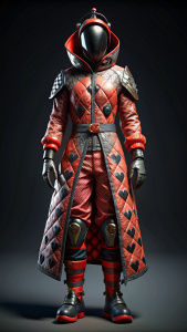   High resolution, high definition, neutral figures, (Makoto Shinkai style: 1), stylish and massive space suit, (4 heads), ((pants are thicker)), space suit with Scandinavian fairy tale modern image of Alice and Wonderland, modern space suit with clown and JOKER design, clover and heart design knees(2D cel animation)), full body, fairy tale super armored space suit, long coat with black, red and silver argyle pattern, (fairy tale gothic style armored space suit), (fairy tale modern space suit), hooded, jet engine, facing front, standing, arms and legs open.