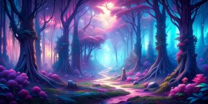 Mysterious woods landscape Disney-style. Bright, vibrant colors.