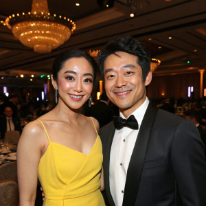 Aimee Garcia and Hyung-Rae Shim attending a Hollywood gala. Both smiling, with Aimee in a vibrant yellow dress and Hyung-Rae in a tuxedo. Backdrop of a crowded, luxurious ballroom.