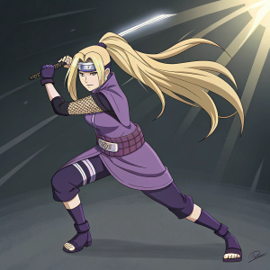 Digital art of Ino Yamanaka. Anime style. Ino in a combat pose, long blonde hair flowing. Purple ninja outfit with glowing accents. Dark background with light highlights