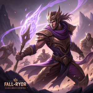 Fal'Ryor, the League of Legends fan champion, depicted in a vibrant digital artwork showcasing diverse abilities through dynamic poses. Shades of brown and purple with deep shadows