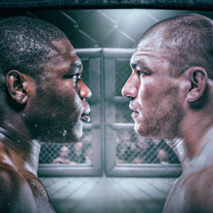 Cover art for UFC Throwdown game on Nintendo GameCube. Two MMA fighters in intense combat stance. Warm color palette and gritty textures. Video game cover style.