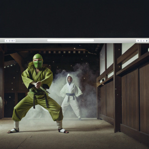 Homepage of Red Bull's ninja-themed campaign. Vibrant colors and modern design. Green-haired model showcasing Red Bull products.
