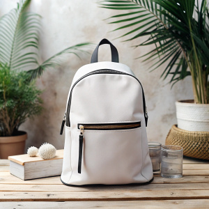 printify white backpack with black zip mockup, from the front, boho enviroment