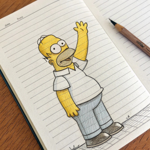 A detailed pencil drawing of Homer Simpson waving, sketched on lined notebook paper.