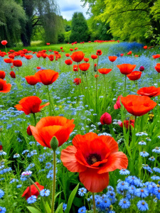 flower bed poppies, grass, forget-me-nots