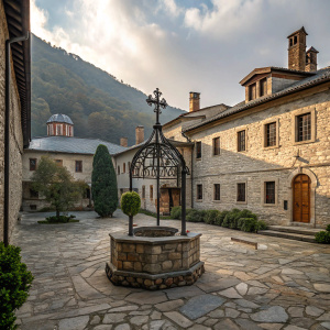 A serene courtyard within the Holy Monastery of Xenophon on Mount Athos, Greece. Stone buildings, stone walls, metal sculpture on pedestal. Paved with stone tiles. Windows, chimneys visible.