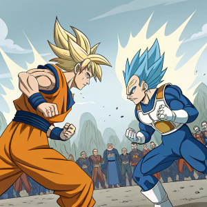 Comic book panel of Dragon Ball Super. Goku and Vegeta, in intense battle stance, against Saiyan army backdrop.