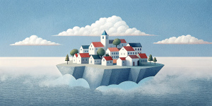 White illustration, Rene magritte style, isolated surrealistic collage of a lot of old Australian houses and trees on island, huge ocean and big sky, light pastel colors, asymmetrical composition, zoom out view, grainy texturing paper