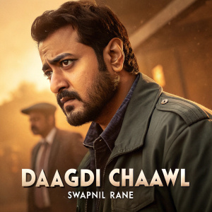 Movie poster for Marathi film 'Daagdi Chaawl'. Swapnil Rane with determined expression, beard, strong jawline, jacket. Warm, sepia-toned background, blurred figure of man with mustache, cinematic and dramatic style.