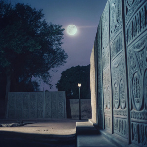 The Huaca del Sol y de la Luna in Trujillo, Peru, showcasing ancient Moche period walls with detailed carvings. Dark and dramatic night photography