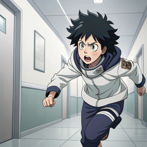 Hinata from My Hero Academia, mid-action, determined look. White walls and clinical setting