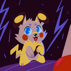 Digital illustration of Rockruff, a cute Pokemon with brown fur and bright blue eyes. Set against a neon background.
