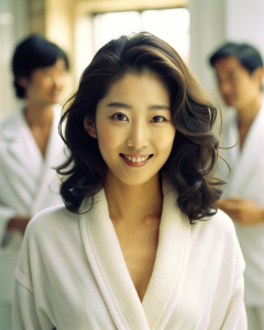 1girl, 20-year-old Korean actress Clara Lee Sung-min, with medium curly brown hair, wearing an open white bathrobe, bathroom: 1.2, collarbone, looking at the audience, ((turbulent)), ((perfect body proportions)), (panoramic view: 1.3 ), beautiful and mature, grinning, deep shadow, Mario Testino style, half body to chest: 1.2, <lora:DetailedEyes_xl_V2:1>, <lora:neg4all_bdsqlsz_xl_V7:1>, (super delicate oval face)), ((long eyelashes Beautiful eyes,((real quality)),((Leica RAW photo)),64k,((fidelit