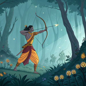 Arjuna, an archer, depicted in a dynamic pose, inspired by ancient mythology. Amidst a dense forest with mystical creatures