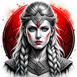 walhalla viking lady warrior,  runics face, black work, white backrounds