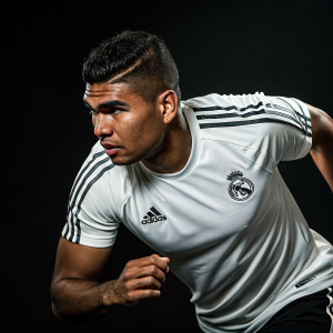 Casemiro, the Real Madrid midfielder, in a high-intensity training session. White jersey with Adidas and UEFA logos. Dark studio background to highlight his athletic form.