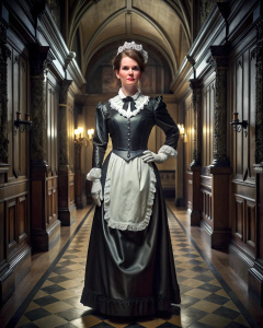 wealthy, arrogant and elegant 40 yo lady forced to wear a Victorian chamber maid uniform in black shiny satin with crinoline. full body view standing in Carlton Towers hallway.