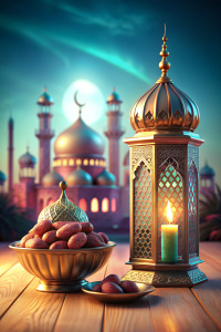 Dates on the table, Eid holiday, 3D Islamic lantern, Mosque, Pink Cyan ...