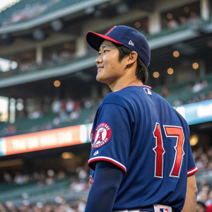 Shohei Ohtani, Asian baseball player, in a blue jersey with Angels logo and number 17, frowning slightly. Stadium background with audience