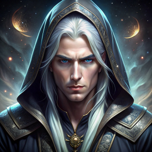 male yuan-ti pureblood warlock with wealthy background in space with white hair with a hooded robe and black pupils 