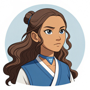 Katara from Avatar: The Last Airbender, animated portrait. Long wavy hair, determined face. Simple, stylized artwork