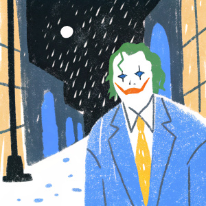 Illustration of Batman's nemesis, the Joker. Green hair, white face paint, red lips. Wears purple suit with a vibrant yellow tie. Stands in Gotham City alley, dark and misty night scene