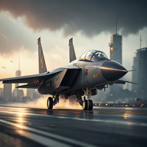 Digital render of an F14 Tomcat fighter jet. Dark and sleek design. Sharp nose and streamlined body. Blurred cityscape in the background