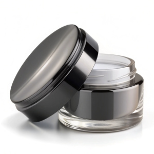 Cosmetics Blank Crystal Jar Mockup with open black lid by the side.