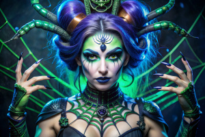 The Minatozaki Sana, The Sailor Moon Spider Lady, corrupting other Sailor Moon, transforming into an Villainous form, dark sky blue, deep olive green, deep purple, deep indigo spider-style makeup, hair featuring blue, purple, and green gradient highlights, adorned with magnificent spider tattoos, indigo, purple, and sky blue-lipped Villainous grin laughter, holding an evil claw, the birth of the Banshee Club.