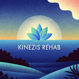 Kinezis Rehab logo on a sleek black background. The logo combines blue and green shades, with text below.