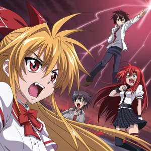 High School DxD anime scene. Characters in various energetic poses, emotion-rich expressions. Dark, vivid color palette background.