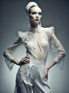 photorealism+, best quality,  fashion shoot haute couture white lace and silk jumpsuit, intricate details, Avantgarde, full length