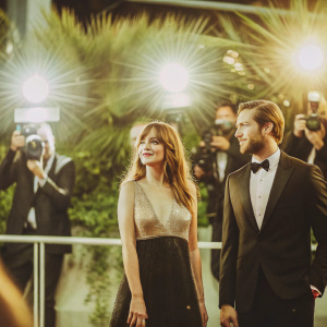 Dakota Johnson and Armie Hammer at a high-profile awards ceremony. Both wear black-tie attire. Bright lights and flashes from photographers.
