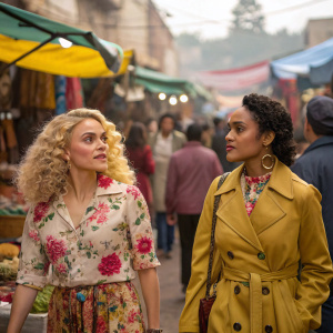 AnnaSophia Robb and Freema Agyeman in a bustling market scene. AnnaSophia with curly blonde hair, floral blouse, Freema in a mustard trench coat.