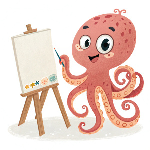 Friendly octopus character standing next to an empty canvas. Cartoon style drawing, playful and cute
