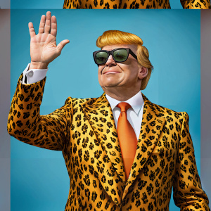 Donald Trump in leopard suit with sunglasses waving