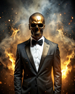 effect, photoshop action, realistic black gold skull with human body in tuxedo, fire, sparks, dust, explosion, smoke, sand, shadows, glow, glow, glare, light, slim, in style: serious, business, wise, quality xd, 