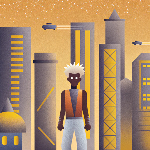 Ekko, from League of Legends, standing in a futuristic cityscape. Muscular build, white spiky hair, determined look. Background filled with neon lights and cyberpunk elements.