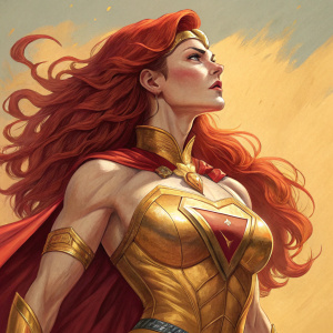 Illustration of a female superhero. Long red hair, muscular, golden bodysuit with emblem on chest. Vibrant color palette. Dramatic, powerful pose. Solid warm background. Comic book style.