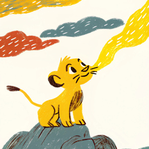 JD McCrary as Simba in upcoming Disney movie poster. Young lion cub with light brown fur. Fiery sunset background