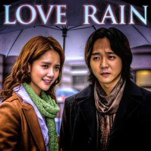Promotional photo for 'Love Rain' featuring actors Yoona and Jang Geun Suk. Yoona in green scarf and brown jacket, smiling. Jang Geun Suk in black jacket, looking serious. Background features the film's title in bold Asian characters.
