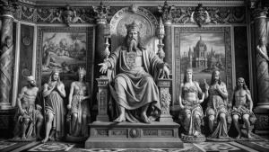 
Crea una imagen del Rey Salomón sentado en su trono dorado, rodeado de tapices y estatuas imponentes, irradiando sabiduría y autoridad en un majestuoso salón real."